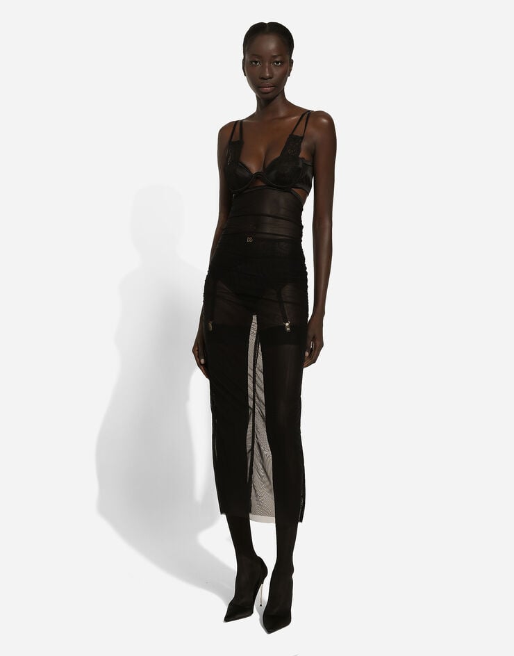 Dolce & Gabbana Vestido longuette de tul con detalles estilo corsé Negro F6JHFTFLRDA