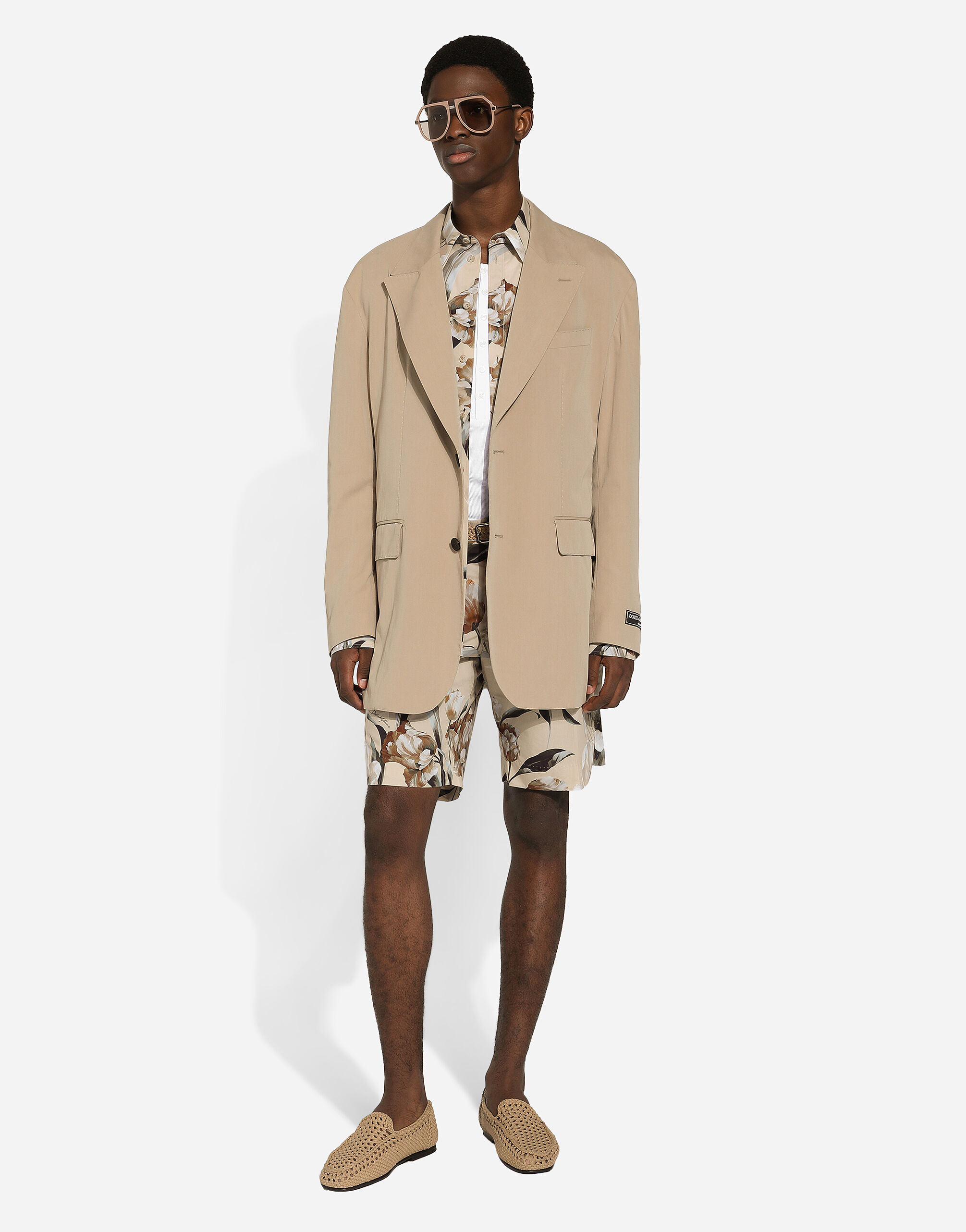 Single-breasted silk and cotton poplin jacket in Beige for
