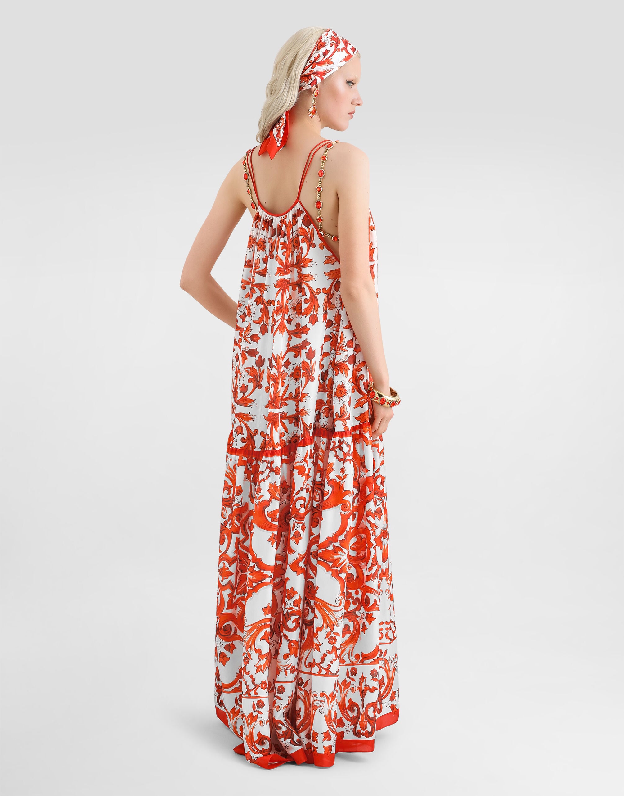 Majolica-print habotai long dress in Multicolor for Women