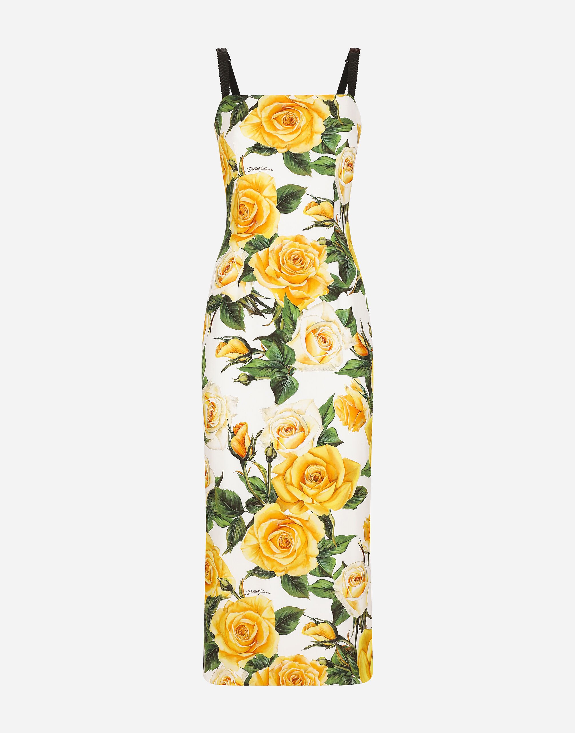 Dolce & Gabbana Vestido drapeado de charmeuse con estampado de rosas amarillas Imprima F7W98THS5NO