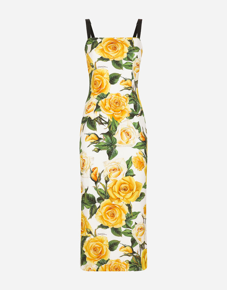 Draped charmeuse dress with yellow rose print in Print for