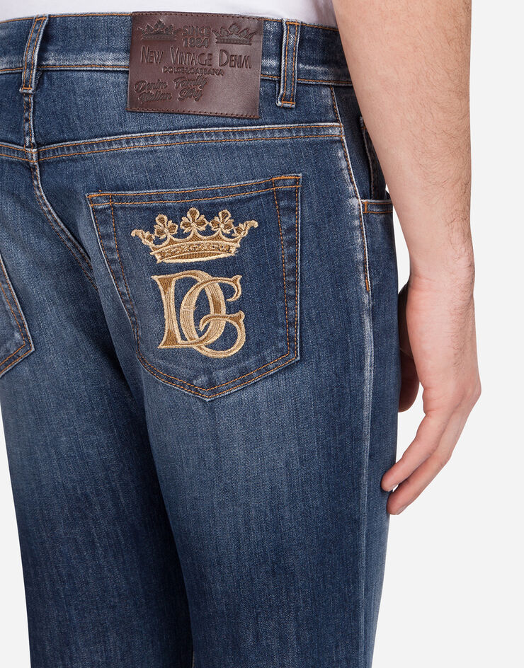Stretch slim-fit medium blue jeans with DG embroidery