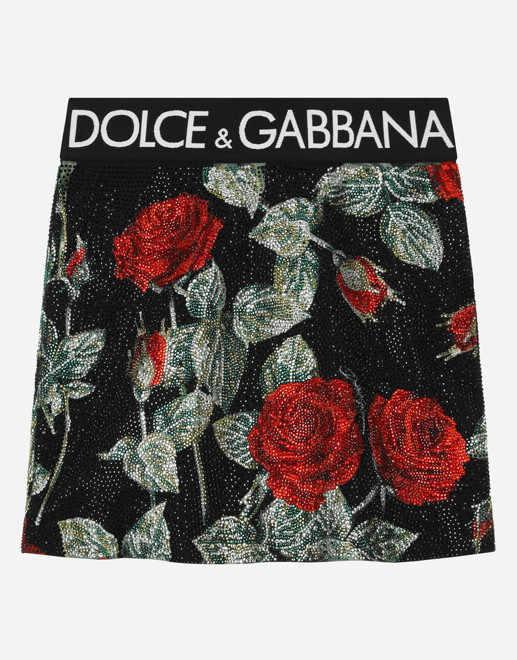 DolceGabbanaSpa Charmeuse miniskirt with branded elastic and rose print Mehrfarbig L54I70G7J1W