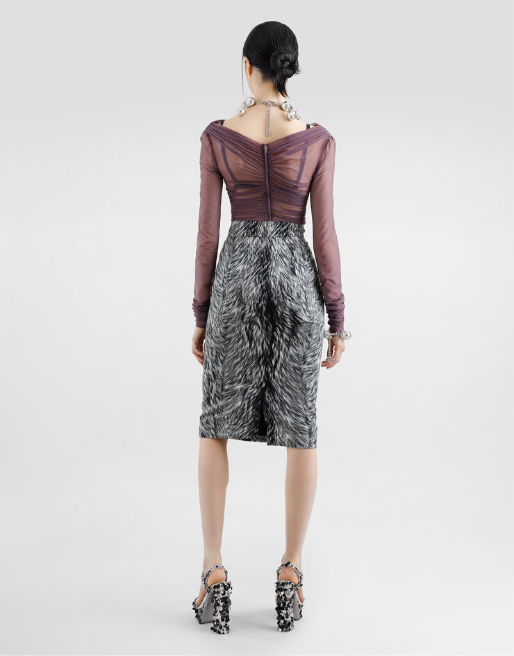 Dolce & Gabbana Charmeuse midi pencil skirt with fur print Grey F4C2LTFSA71