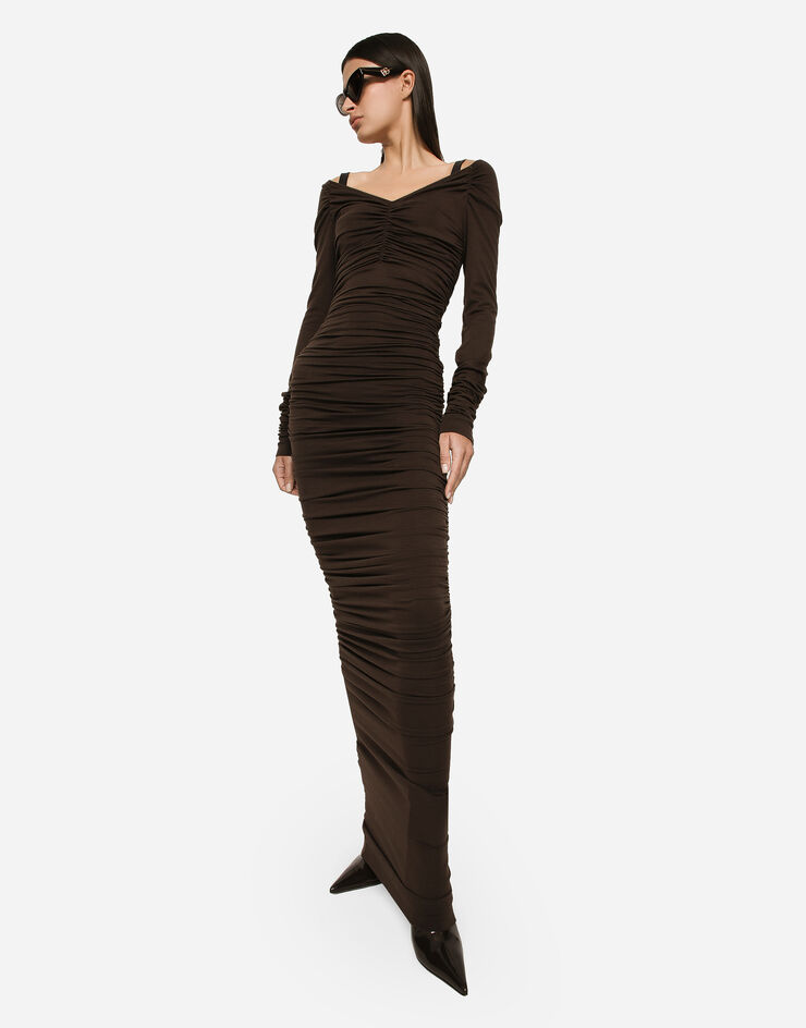 Dolce&Gabbana V-neck calf-length dress in wool jersey Brown F6COMTFUGRH