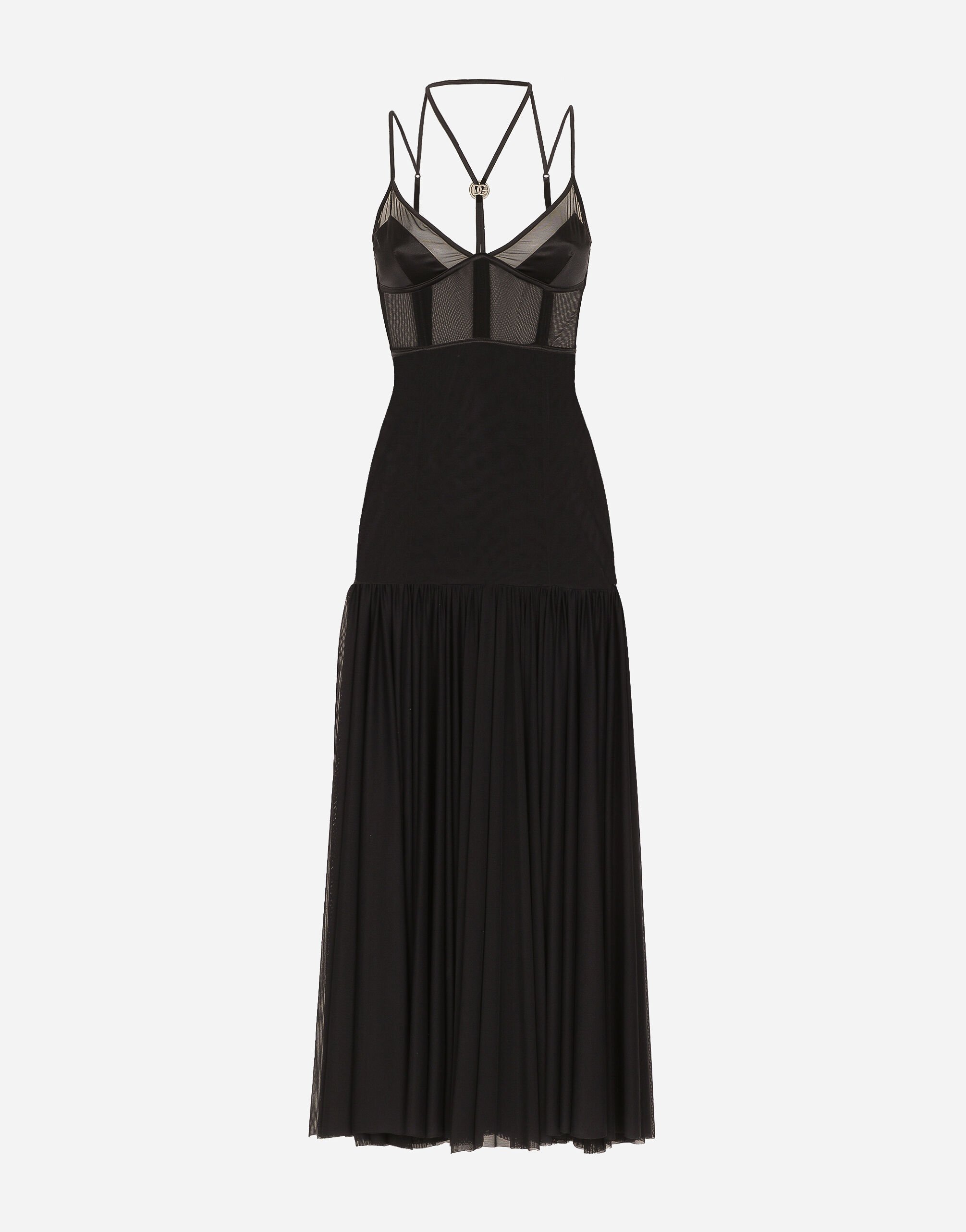 Dolce & Gabbana Longuette-Kleid aus Tüll mit Dessous-Details und DG-Logo Schwarz F29XTTFUWD6