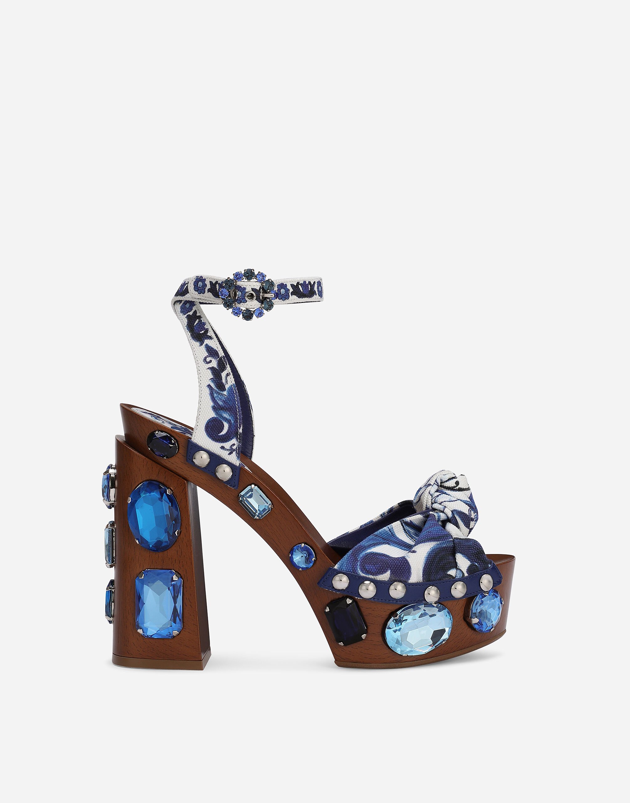 Dolce & Gabbana Sandalia de plataforma en lona con estampado de mayólica y piedras Multicolor CR1686AQ774