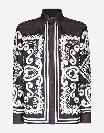 Dolce & Gabbana Camisa de denim elástico y seda con estampado Marina Multicolor G5LY0DG8LA5