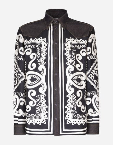 Dolce & Gabbana Camisa de denim elástico y seda con estampado Marina Multicolor G5LI1DG8KP6