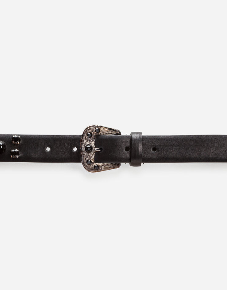 Dolce & Gabbana GOLD BOX CALFSKIN BELT WITH RHINESTONE EMBROIDERY AND RIVETS NERO BC4426AX738