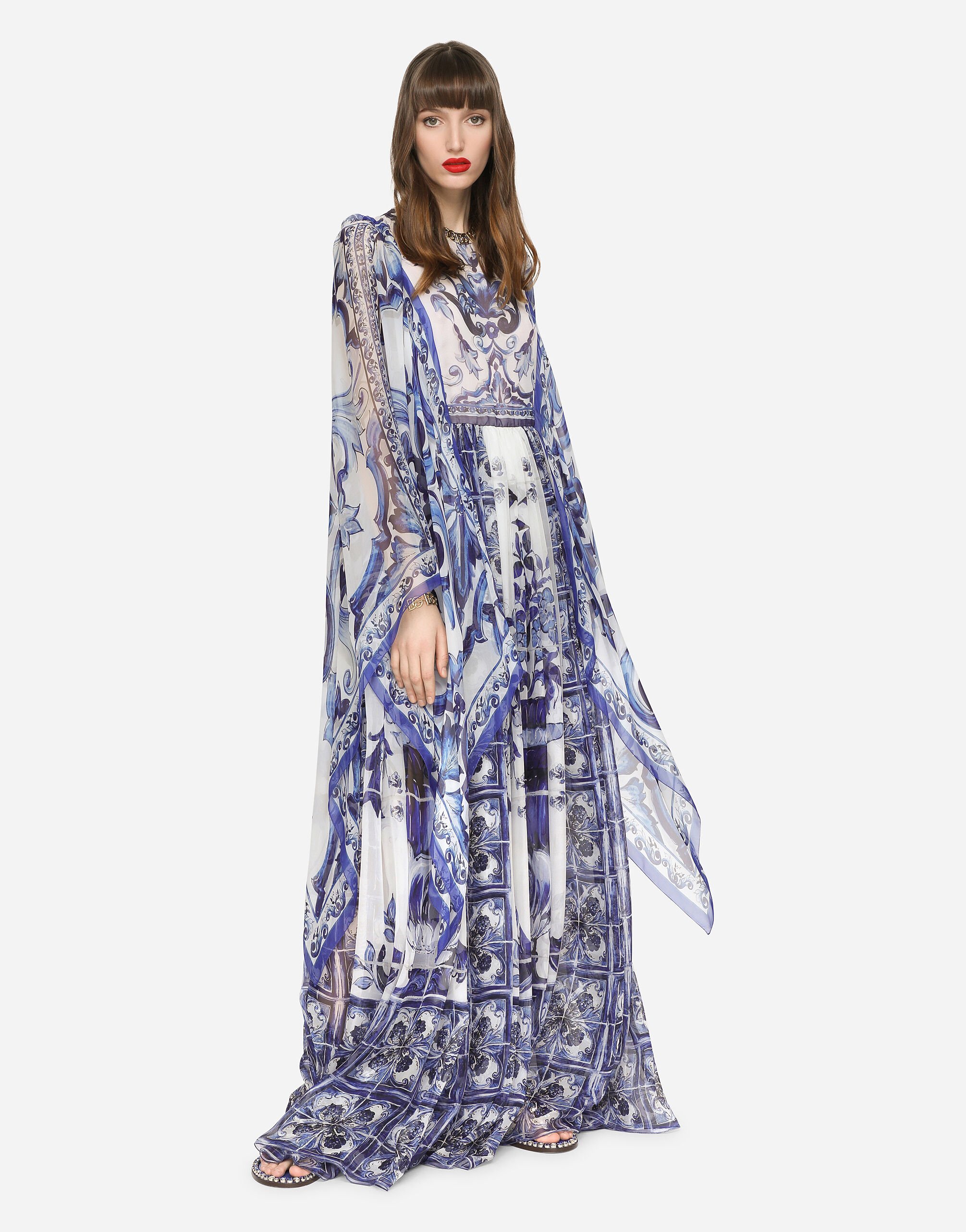 Long majolica print chiffon dress en Multicolore pour femme Dolce Gabbana