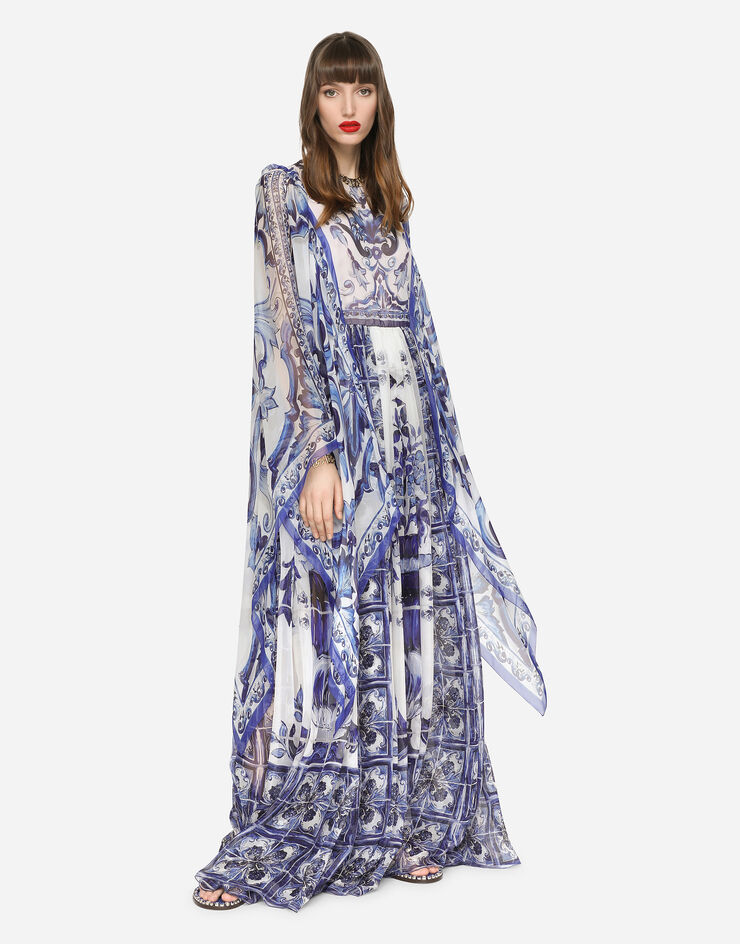 Dolce&Gabbana Vestido largo de chifón con estampado de mayólica Multicolor F6ADQTHI1BR