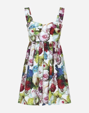 Dolce & Gabbana Kurzes Bustierkleid aus Baumwolle Nachtblumen-Print Schwarz BB7603AW576