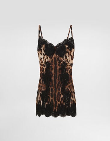 Dolce & Gabbana Leopard-print satin top with lace inlay Animal Print F72K9TFSAXY