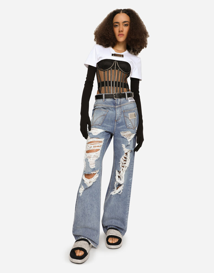 Dolce & Gabbana KIM DOLCE&GABBANA T-shirt cropped in jersey con placca “KIM Dolce&Gabbana” Bianco F8T99THU7H8