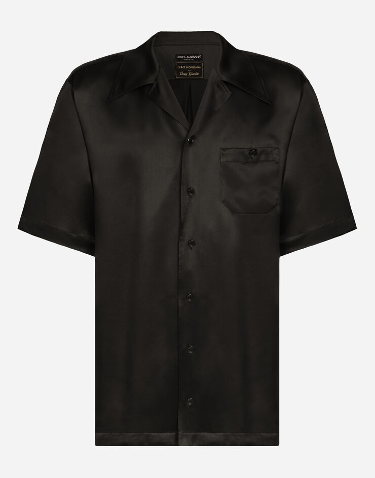 Dolce & Gabbana Silk satin Hawaiian shirt with metal DG logo Black I5956MFU1AU
