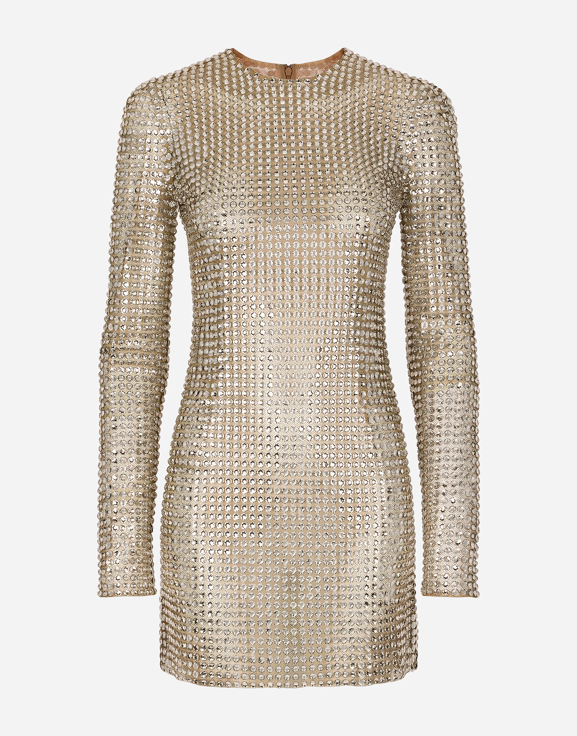Dolce & Gabbana Short dress with all-over rhinestone embellishment on tulle Silver FTAMPTFLSFG