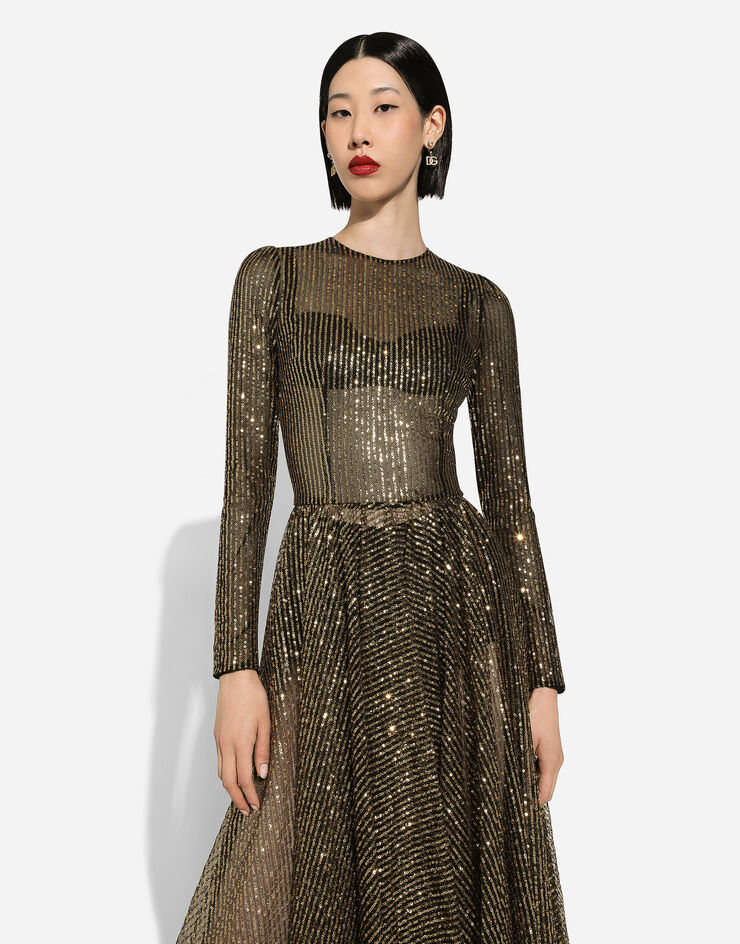Dolce & Gabbana Pailletten-Midikleid mit langem Arm Gold F6DFTTFLSI0