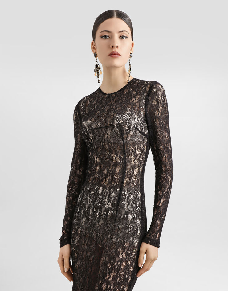 Dolce & Gabbana 플로럴 레이스 미드카프 드레스 블랙 F6TUSTFLUCN