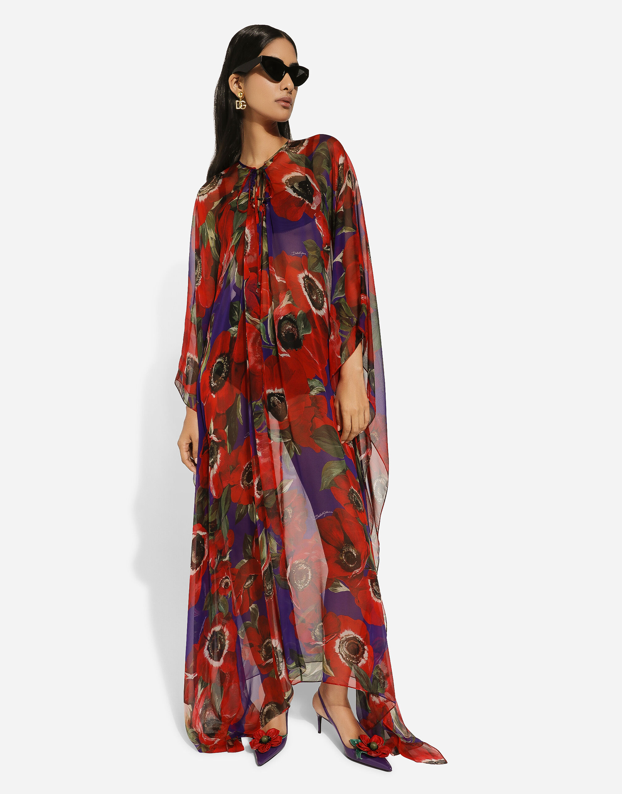 Chiffon caftan with anemone print in Print for Women Dolce Gabbana