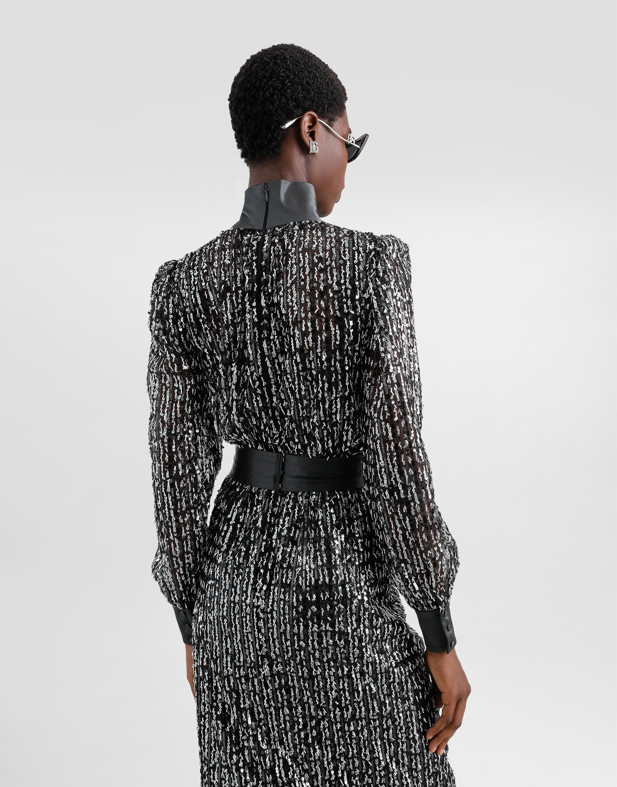Midi dress with vertical sequin stripe embroidery