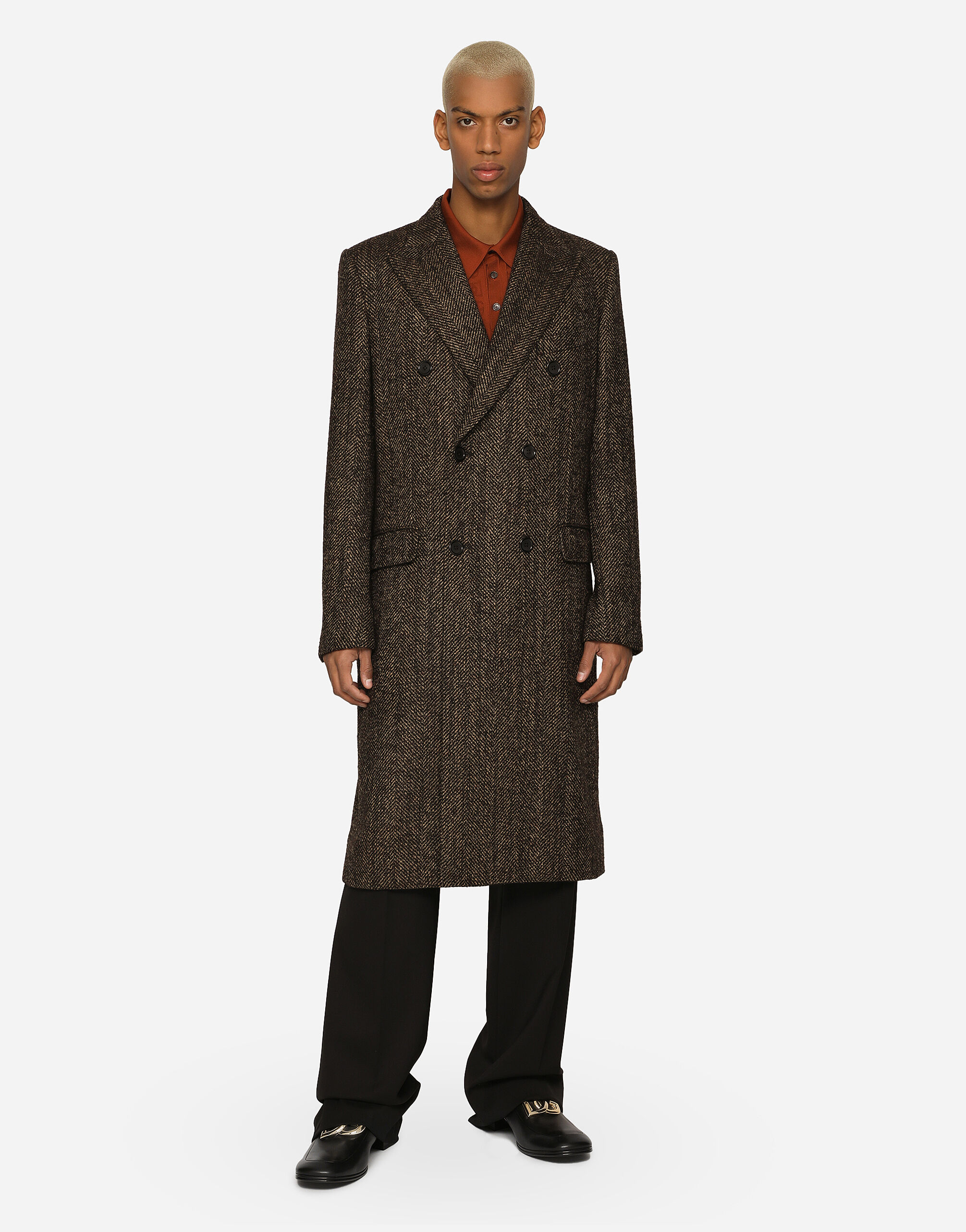 Dolce & Gabbana ヘリンボーン ロングコート Multicolorのメンズ ヘリンボーン ウールブレンド ダブル