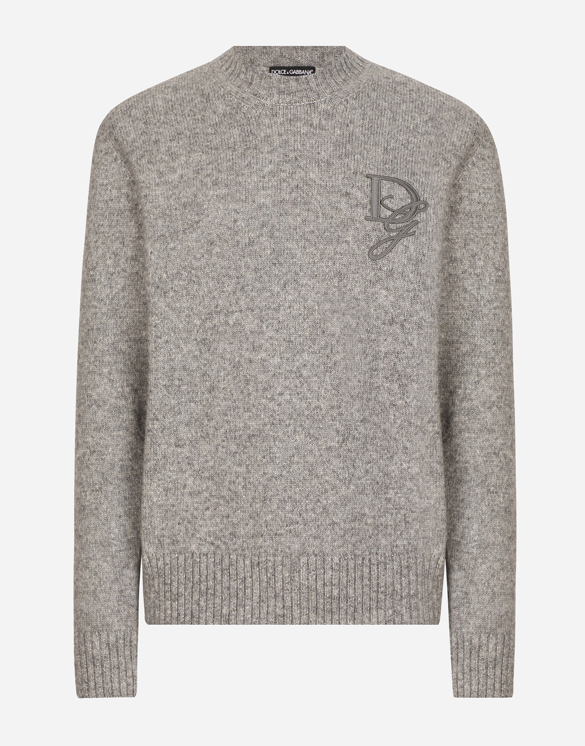 Round neck wool sweater with DG embroidery in Grey for Men Dolce Gabbana US