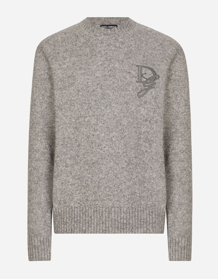 Dolce & Gabbana Round-neck wool sweater with DG embroidery Grey GXX02ZJFMIM