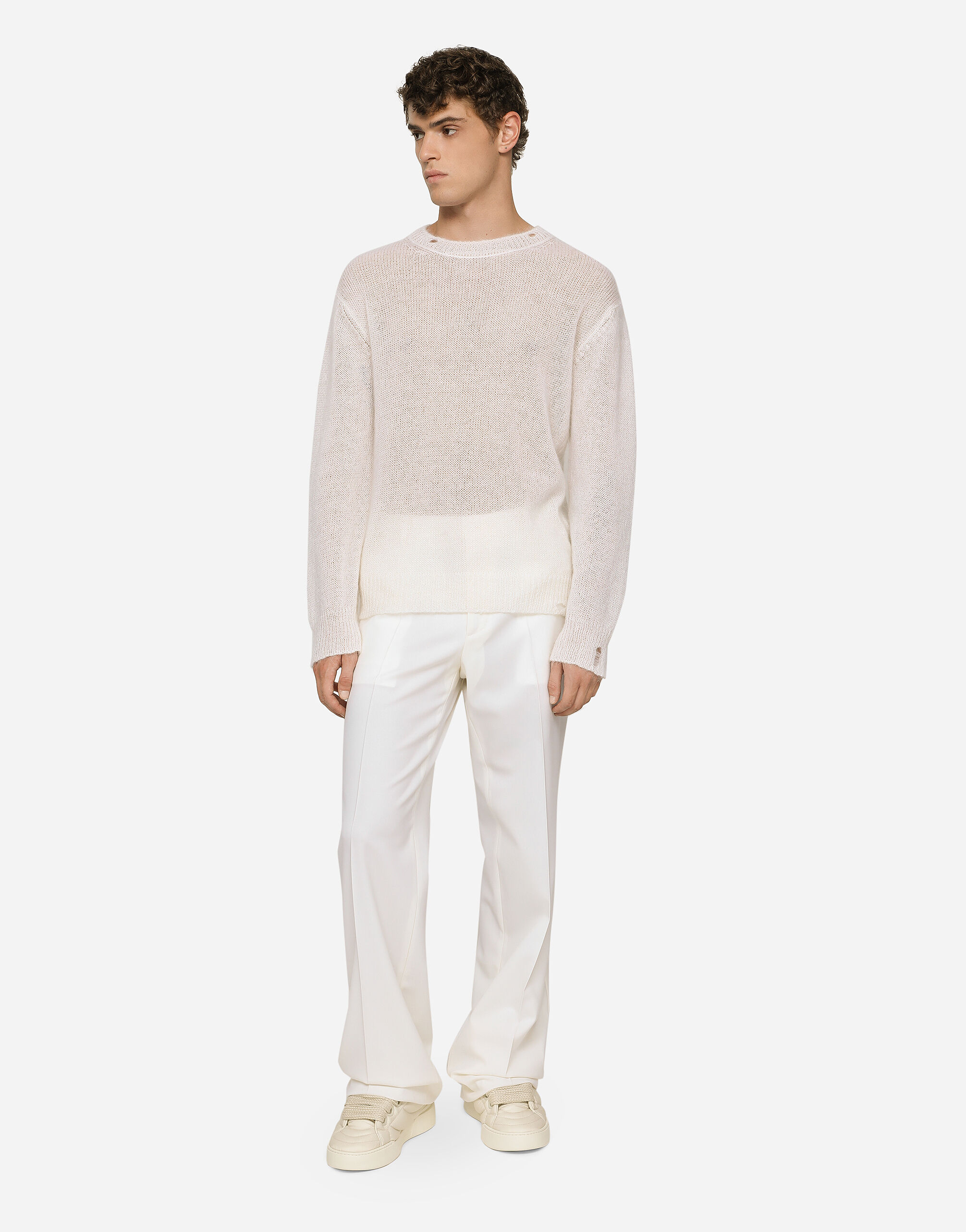 Pantalon jambe droite en serg de laine stretch en Blanc pour pour