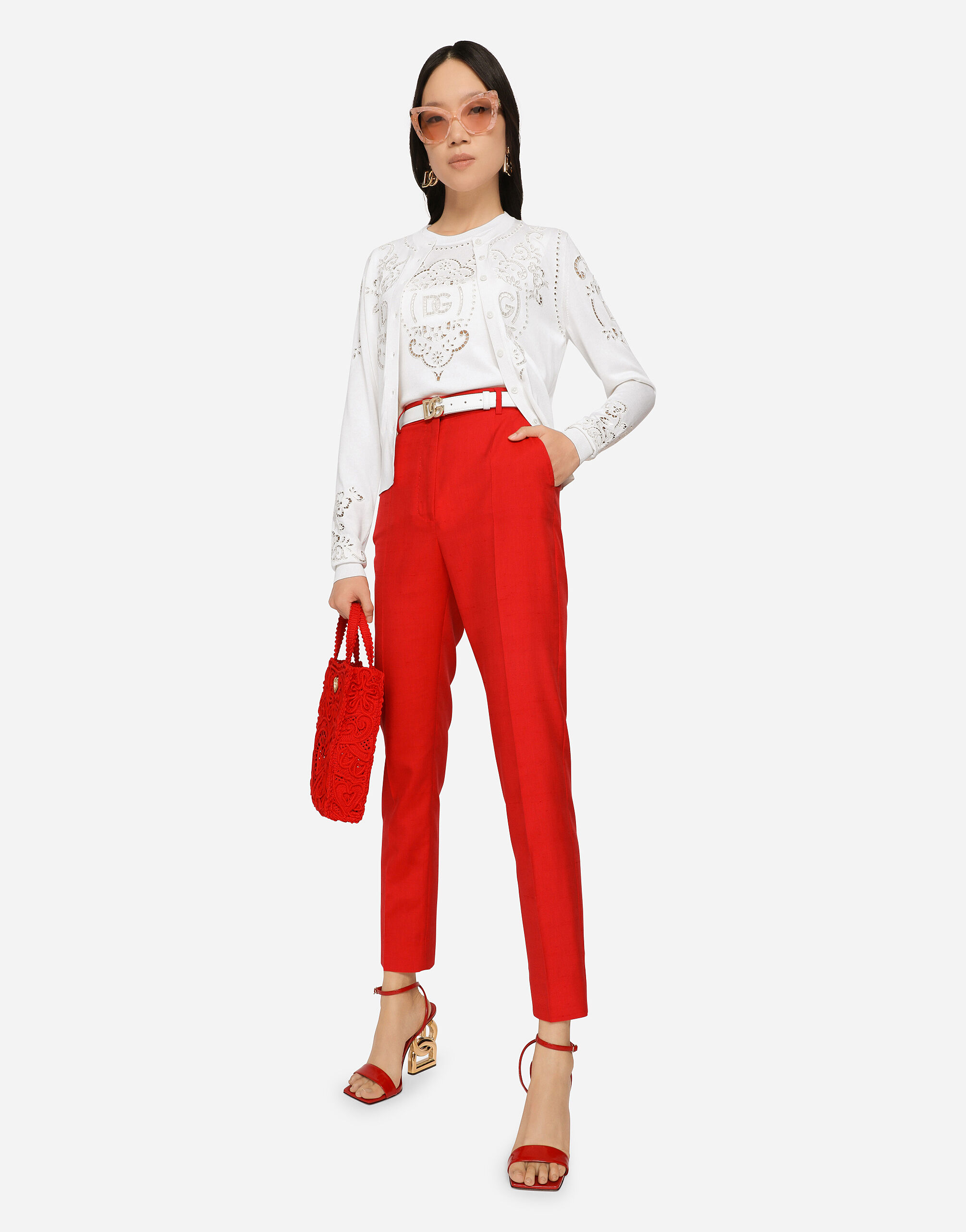 Silk cardigan with DG openwork embroidery in White for Women