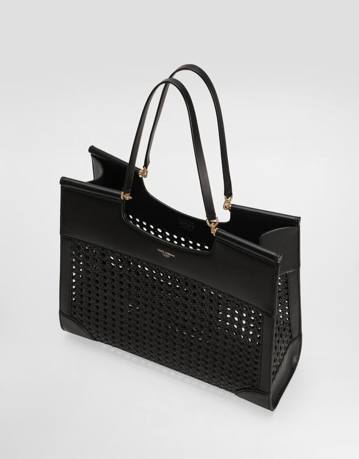 Dolce & Gabbana Shopping Sicily in straw and calfskin weave Black BB7727B9S67