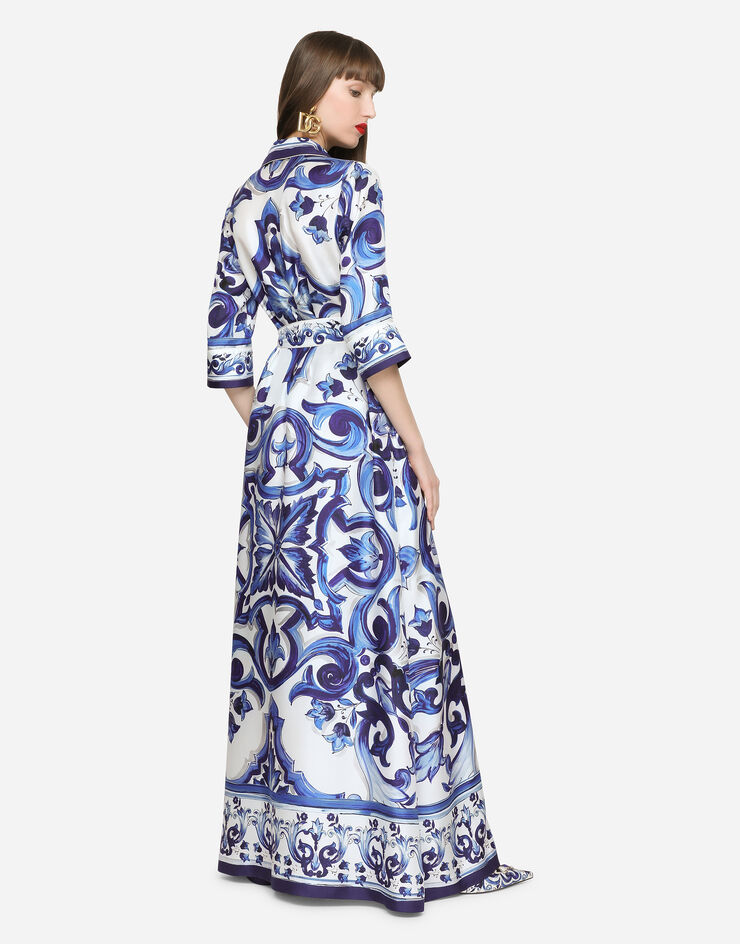 Dolce & Gabbana Langes Hemdblusenkleid aus Twill Majolika-Print Mehrfarbig F0AH2THI1BD