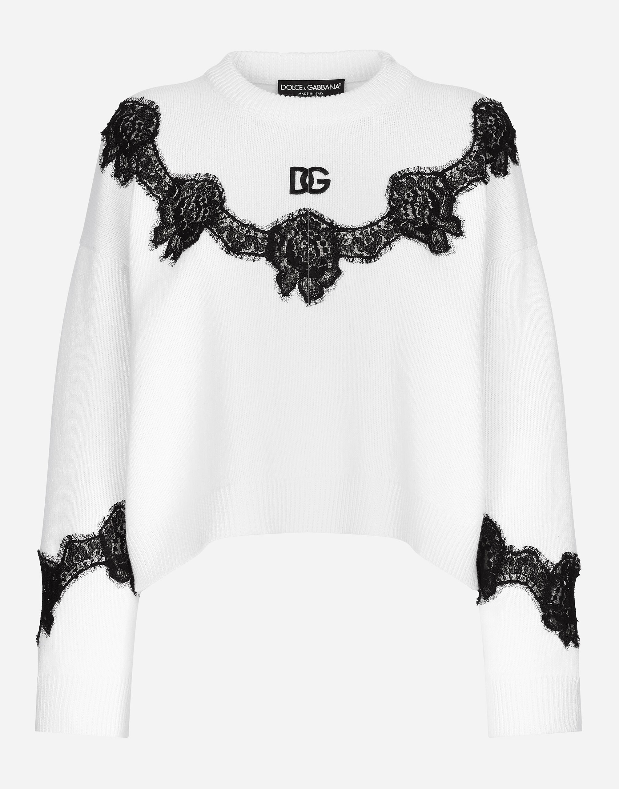 Dolce & Gabbana Pullover aus Wolle mit Einsätzen aus Spitze und DG-Logo Rosa FXV07ZJBSHX