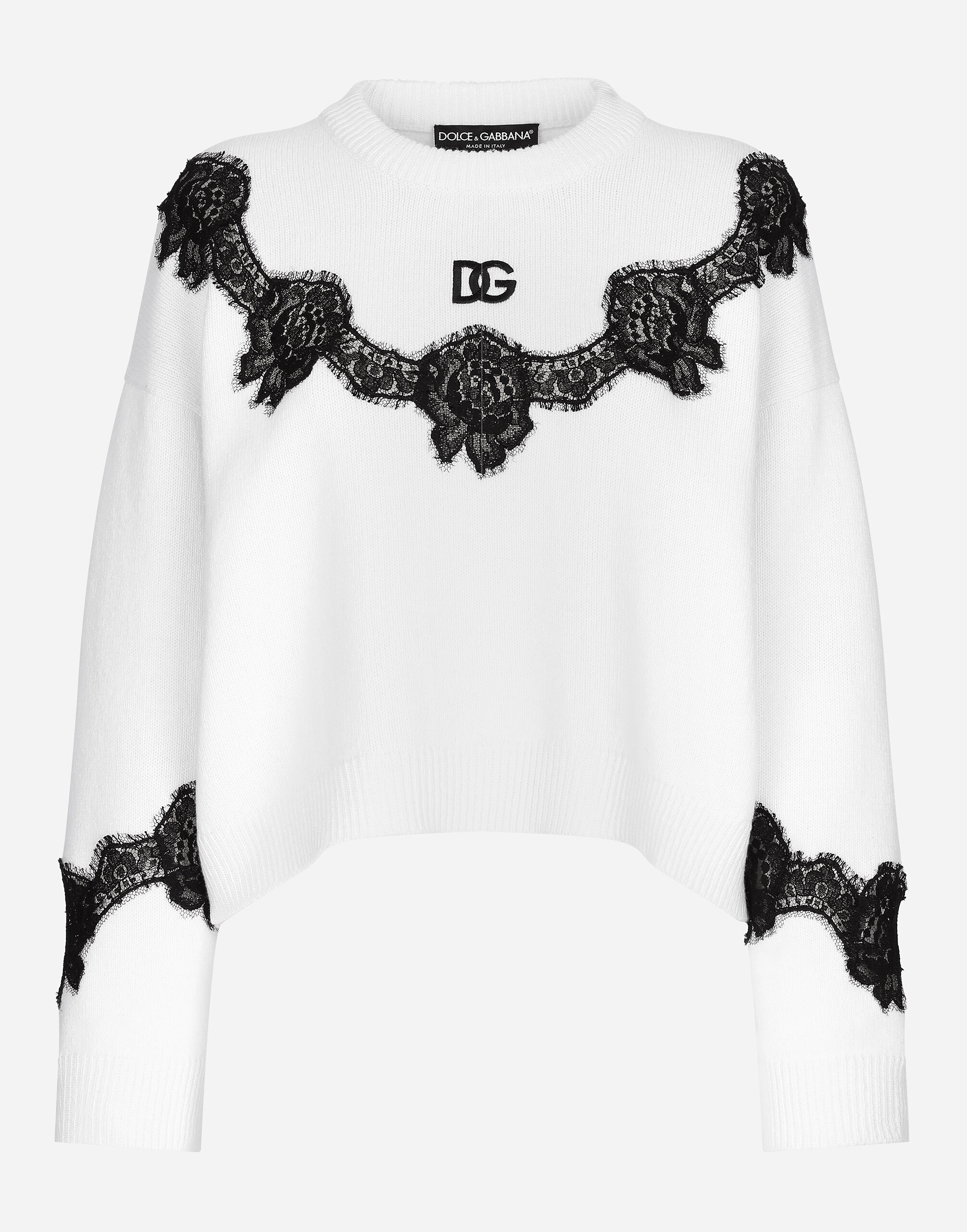 Wool sweater with DG logo and lace inserts in White for Women Dolce Gabbana