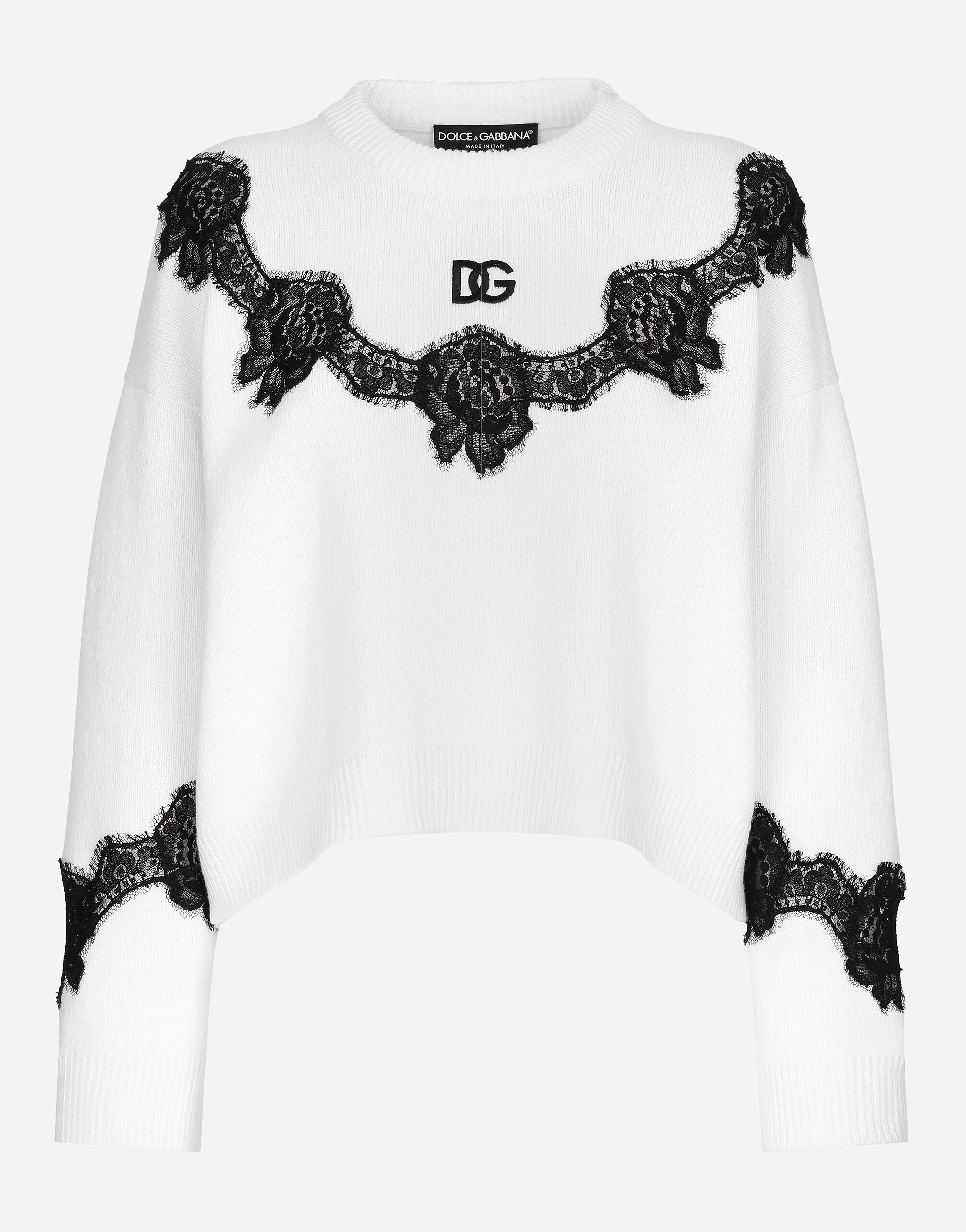 Dolce & Gabbana Wool sweater with DG logo and lace inserts White FXJ16ZJEMM0