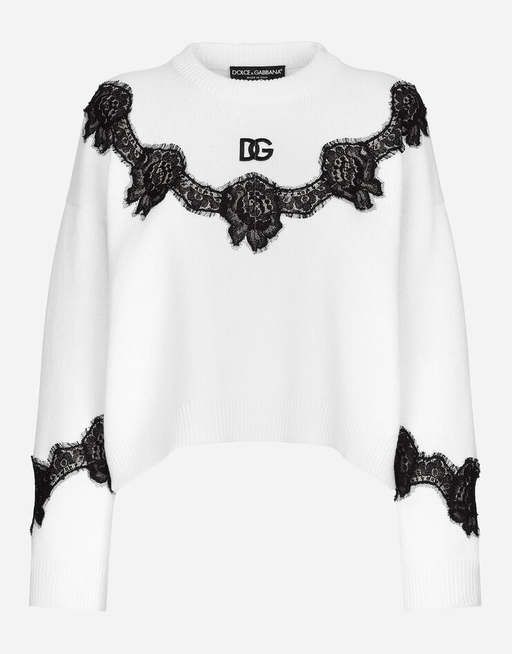 Dolce & Gabbana Джемпер из шерсти с кружевными вставками и логотипом DG белый FXX29ZJCVT5