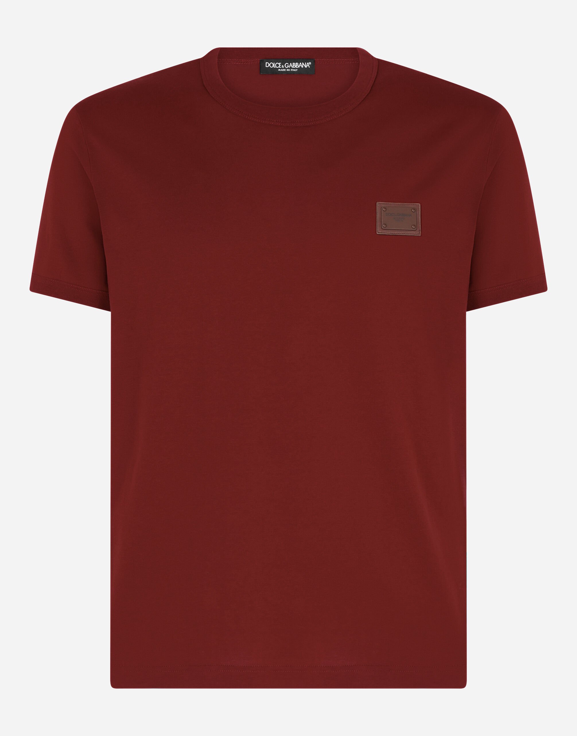 Dolce&Gabbana Cotton V-neck T-shirt with branded plate Bordeaux G8LZ1ZG7WUR