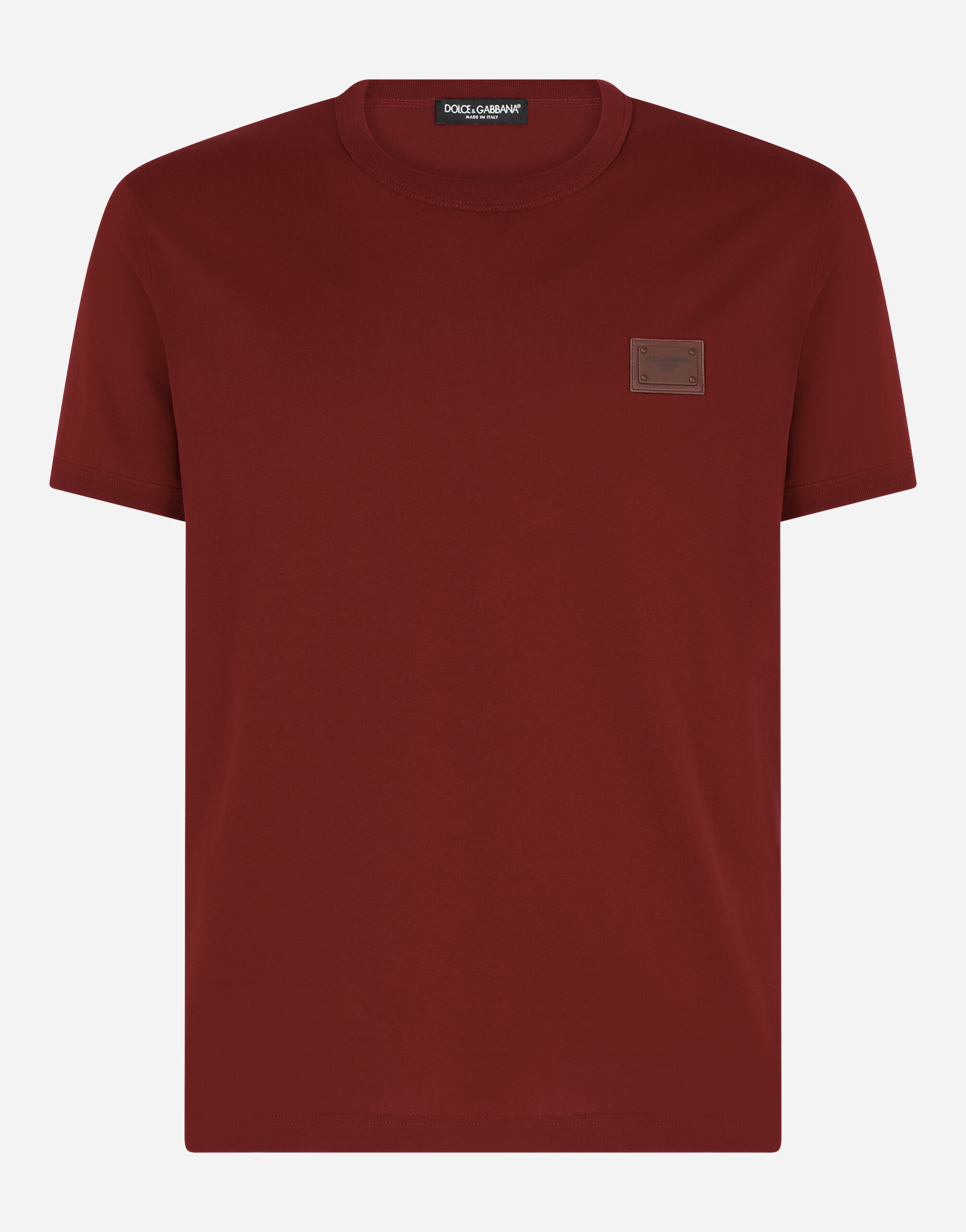 Dolce&Gabbana Cotton V-neck T-shirt with branded plate Bordeaux G8LZ1ZG7WUR