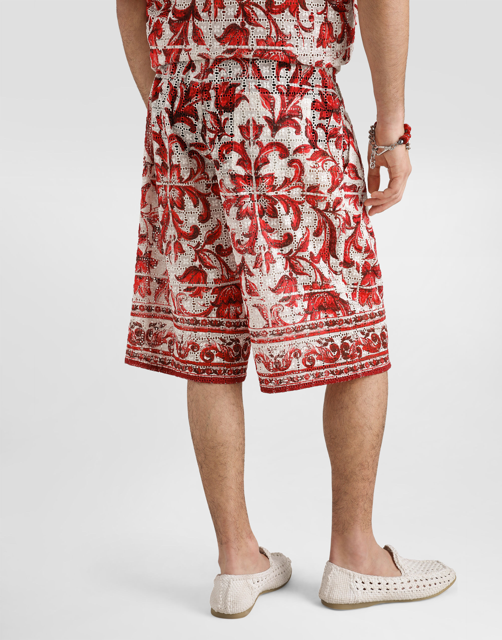 Majolica-print broderie anglaise lace vanity bermuda shorts in