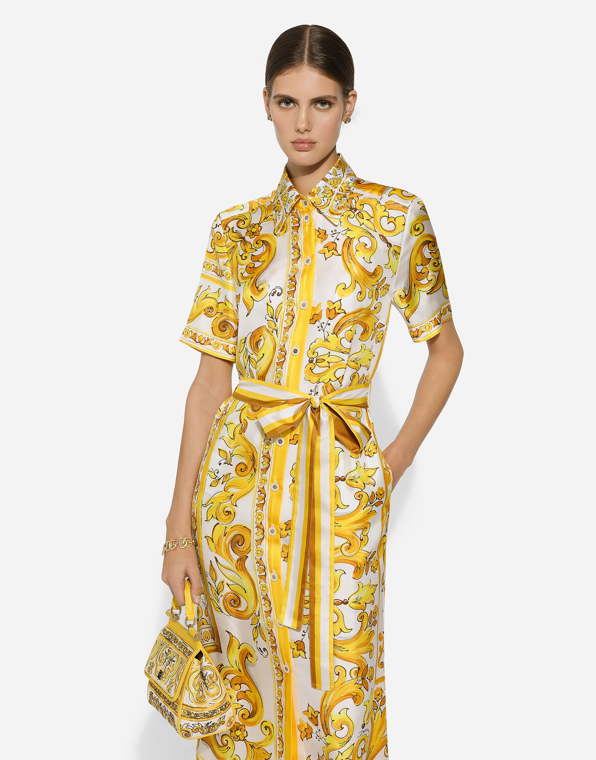 Belted silk twill midi dress with majolica print in Print for Women Dolce Gabbana