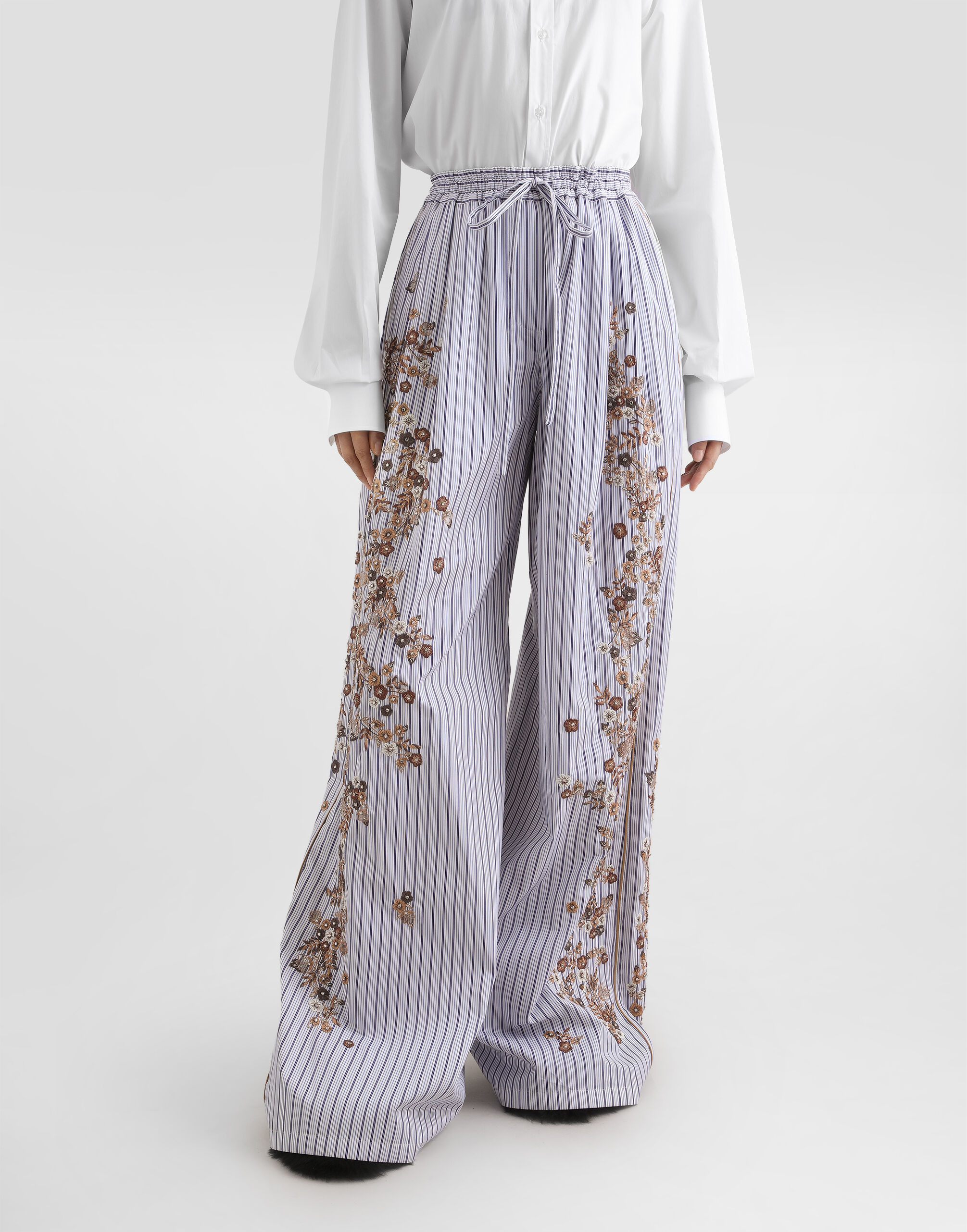 【新品・タグ付き】embroidery flower pants 36 Striped poplin trousers with flower embroidery in Multicolor for