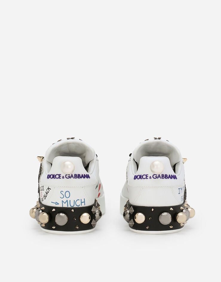 Dolce & Gabbana Sneakers Portofino en cuir de veau nappa imprimé avec écusson et broderies Blanc CK1562AH076