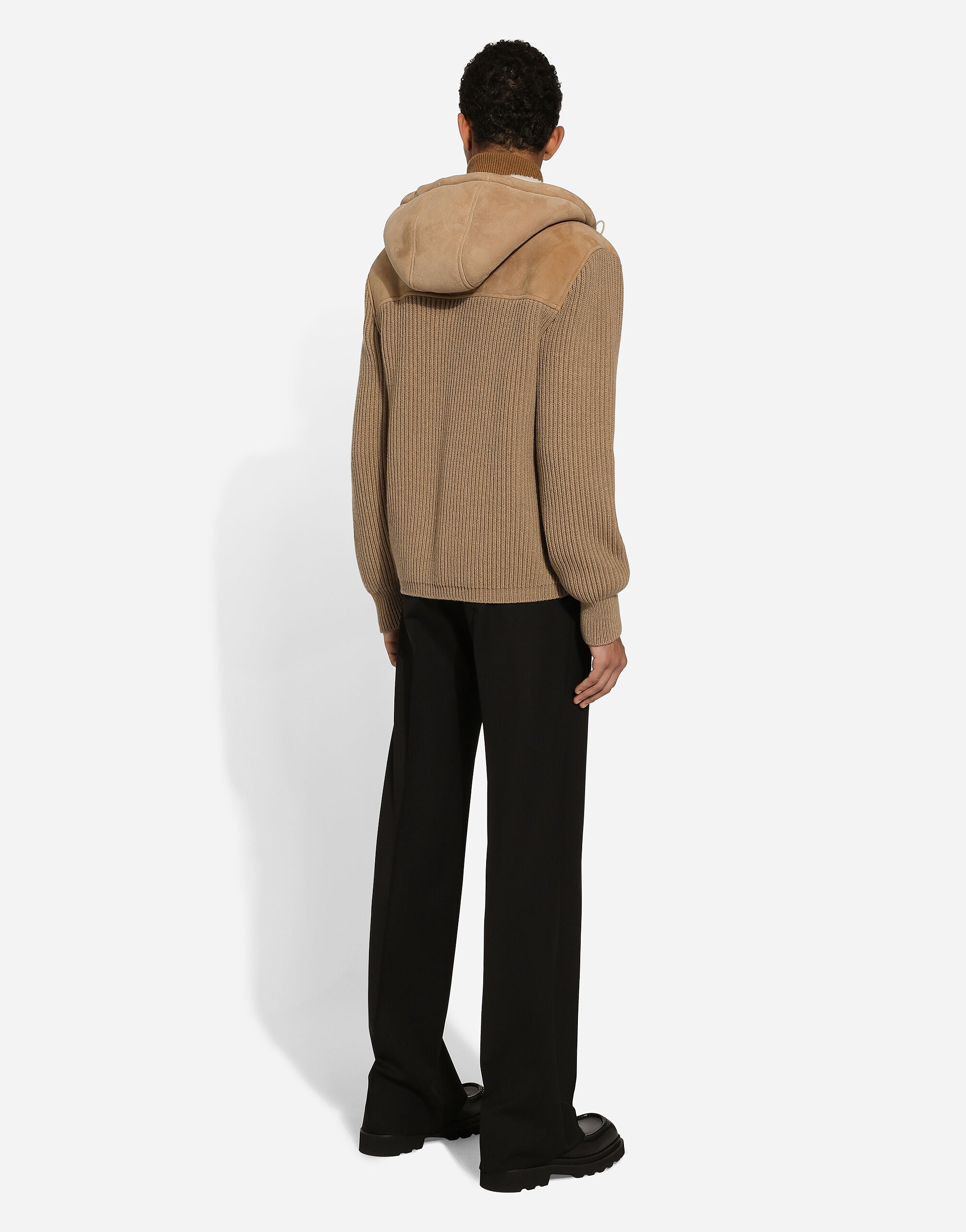Sheepskin jacket with knit inserts and hood in Beige for Men