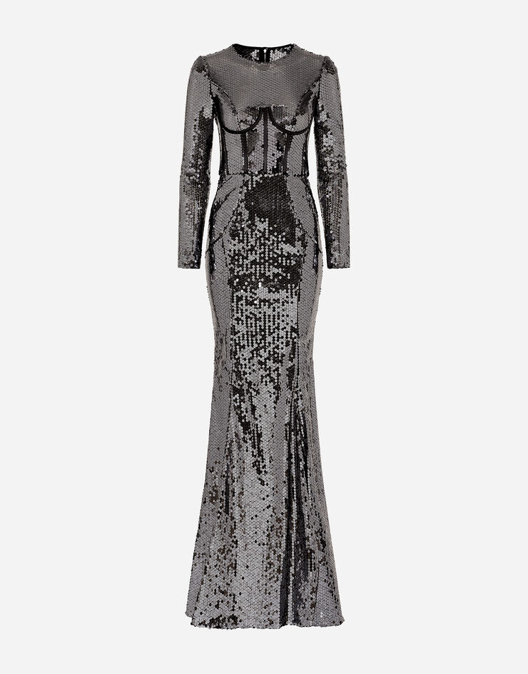 Dolce & Gabbana Vestido largo de lentejuelas con detalle de corsé Gris F6AUGTFLSHF