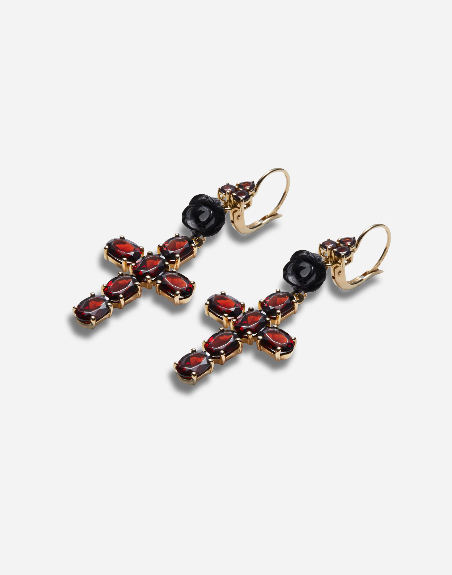 Family yellow gold earrings with rose and cross pendant