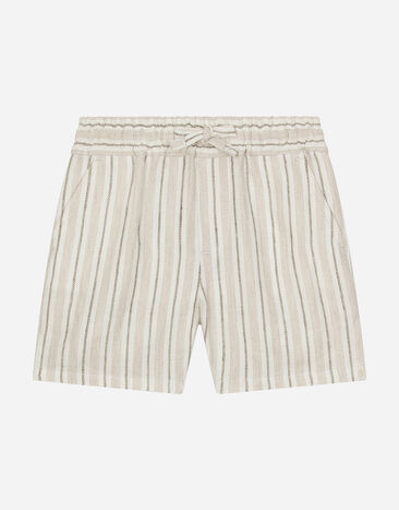 Dolce & Gabbana Striped linen shorts with branded label Beige L13Q08FUFJR