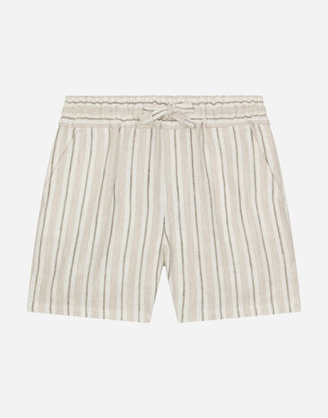 Dolce & Gabbana Bermudas aus gestreiftem Leinen mit Logoetikett Beige L13Q08FUFJR