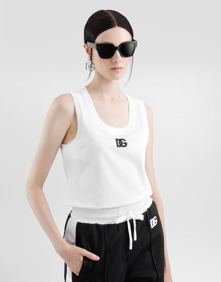 Dolce & Gabbana تانك توب جيرسي فضفاض بتطريز شعار DG أبيض F8M64ZGDCYD