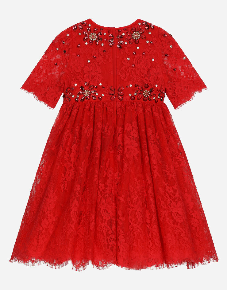 Dolce & Gabbana Kleid aus Chantilly-Spitze mit Schmucksteinen Rot L53DQ9G7K3M