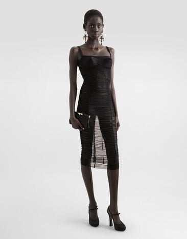 Dolce & Gabbana Tulle calf-length dress with draping Black F6TNKTFUUBN